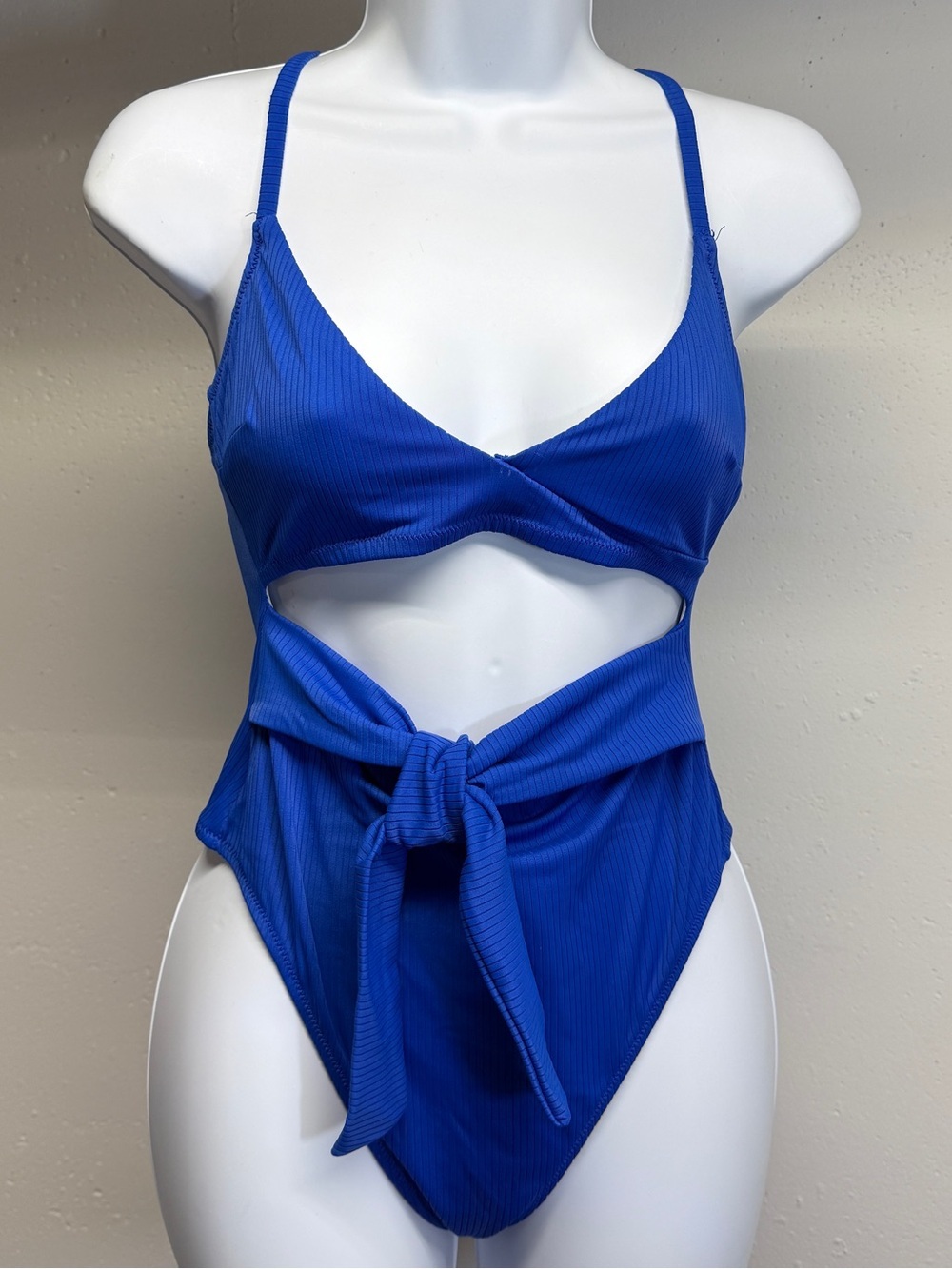 Ladies bright blue Cutout One-Piece Swimsuit with Front Tie  Adjustable straps